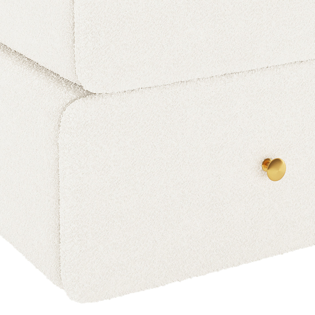 Tyla Boucle Bedside Table in Cream White, featuring two rounded-edge drawers upholstered in boucle fabric with single small brass knobs, showcasing a plush and elegant design for bedroom sophistication.