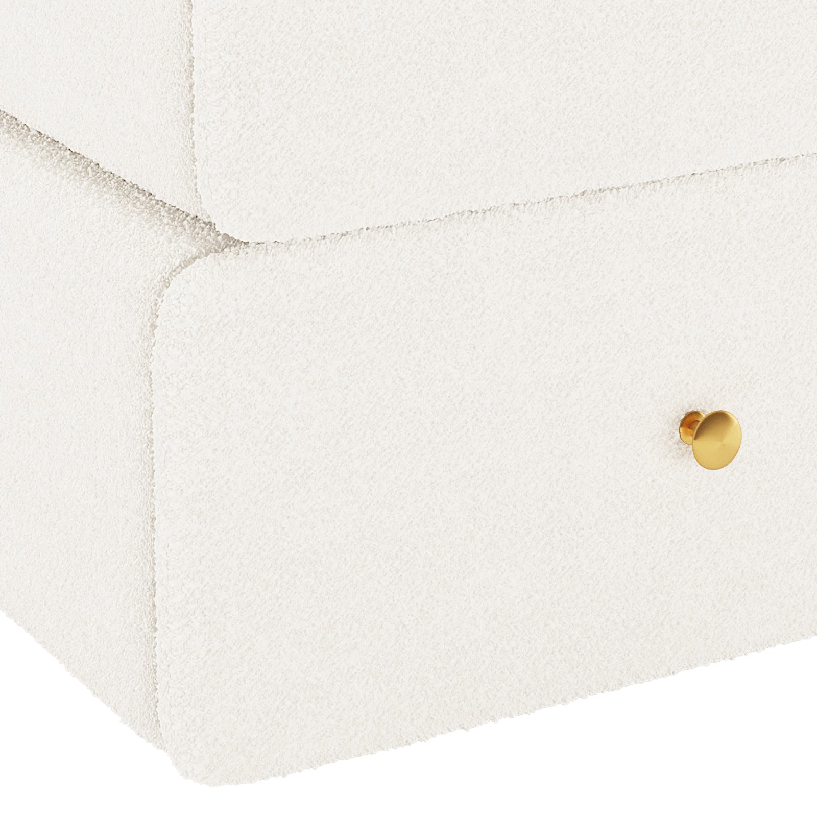Tyla Boucle Bedside Table in Cream White, featuring two rounded-edge drawers upholstered in boucle fabric with single small brass knobs, showcasing a plush and elegant design for bedroom sophistication.