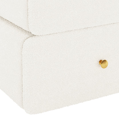 Tyla Boucle Bedside Table in Cream White, featuring two rounded-edge drawers upholstered in boucle fabric with single small brass knobs, showcasing a plush and elegant design for bedroom sophistication.