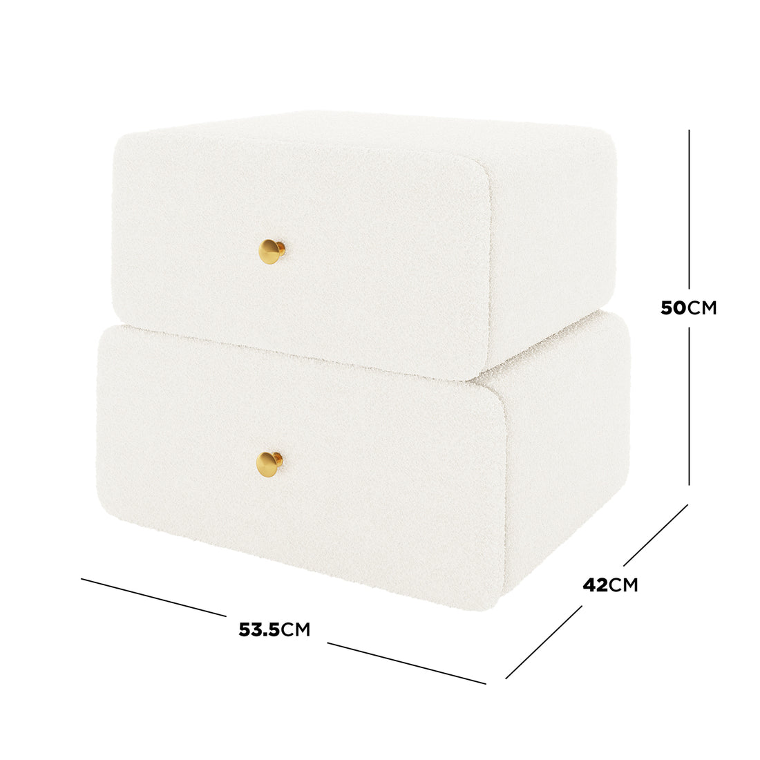 Tyla Boucle Bedside Table in Cream White, featuring two-tiered drawers with gold knobs, upholstered in textured bouclé fabric. Dimensions: 53.5 cm wide, 42 cm deep, 50 cm tall.