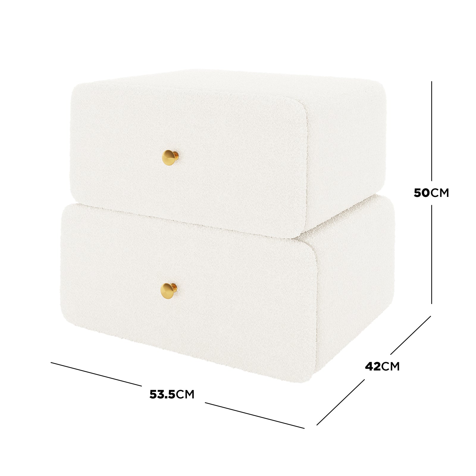 Tyla Boucle Bedside Table in Cream White, featuring two-tiered drawers with gold knobs, upholstered in textured bouclé fabric. Dimensions: 53.5 cm wide, 42 cm deep, 50 cm tall.