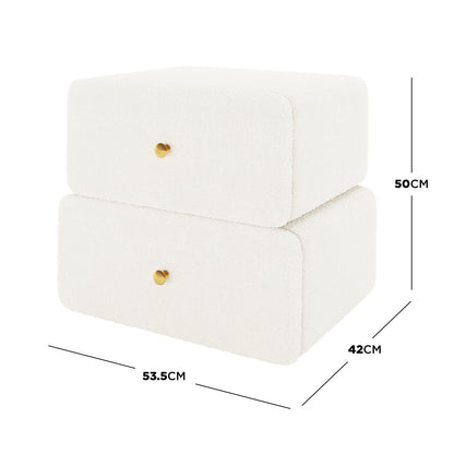 Tyla Boucle Bedside Table in Cream White, featuring two-tiered drawers with gold knobs, upholstered in textured bouclé fabric. Dimensions: 53.5 cm wide, 42 cm deep, 50 cm tall.