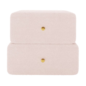 Tyla Boucle Upholstered Bedside Table in Light Pink features two soft, rounded drawers with brass knobs, wrapped in plush boucle fabric, offering a modern, elegant storage solution for bedrooms.