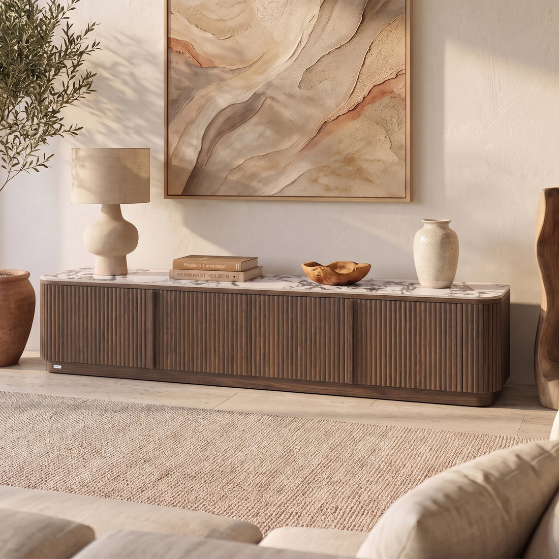 Walnut TV entertainment unit with ribbed front and marble-look sintered stone top
