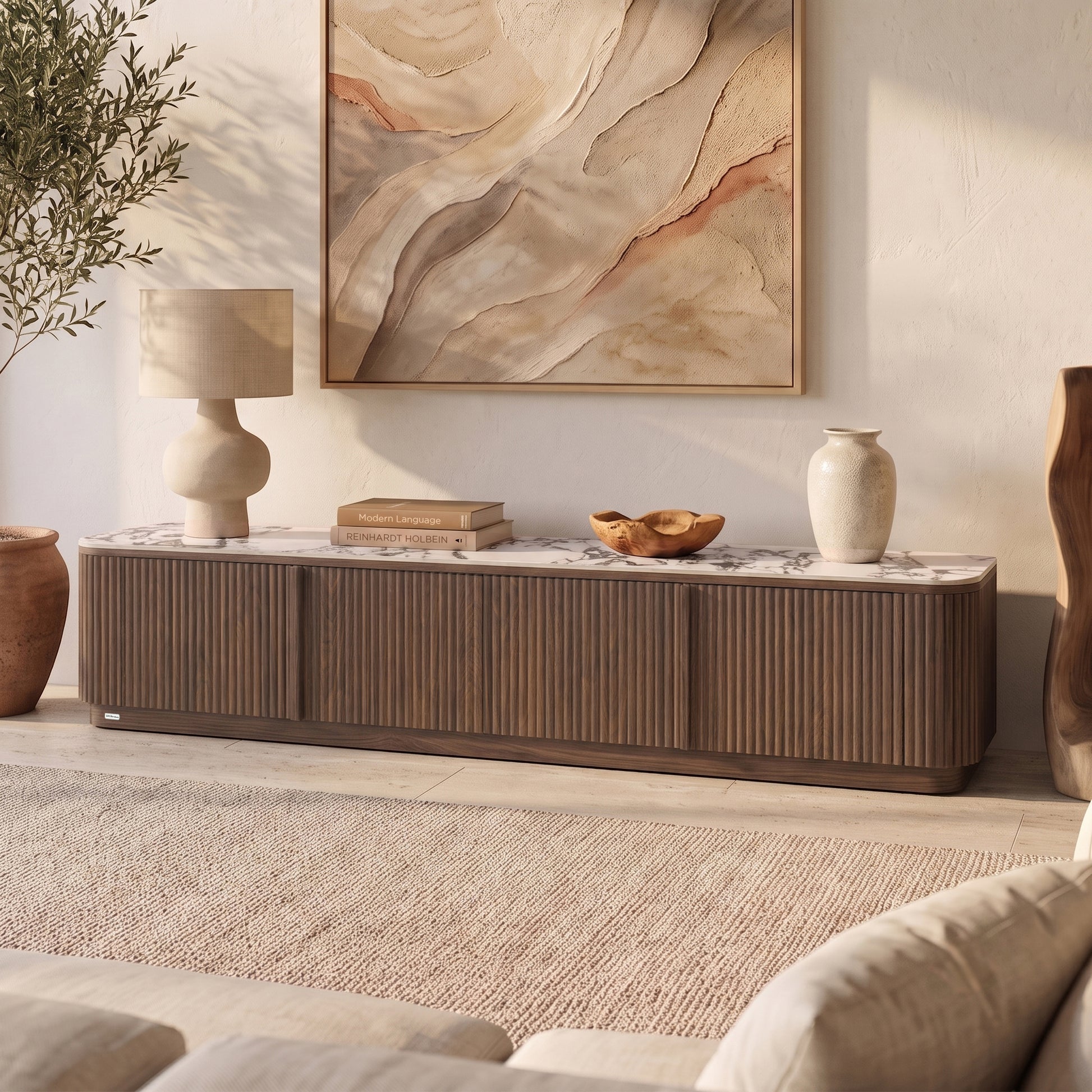 Walnut TV entertainment unit with ribbed front and marble-look sintered stone top