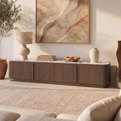 Walnut TV entertainment unit with ribbed front and marble-look sintered stone top