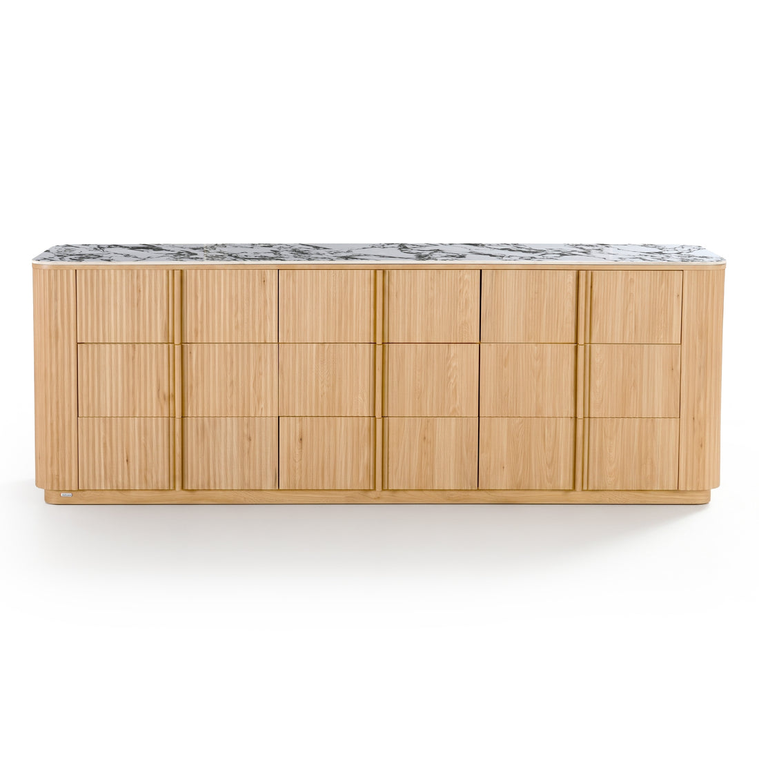 Light oak sideboard with sintered stone marble-look top, rounded edges, and vertical groove detailing on cabinet doors