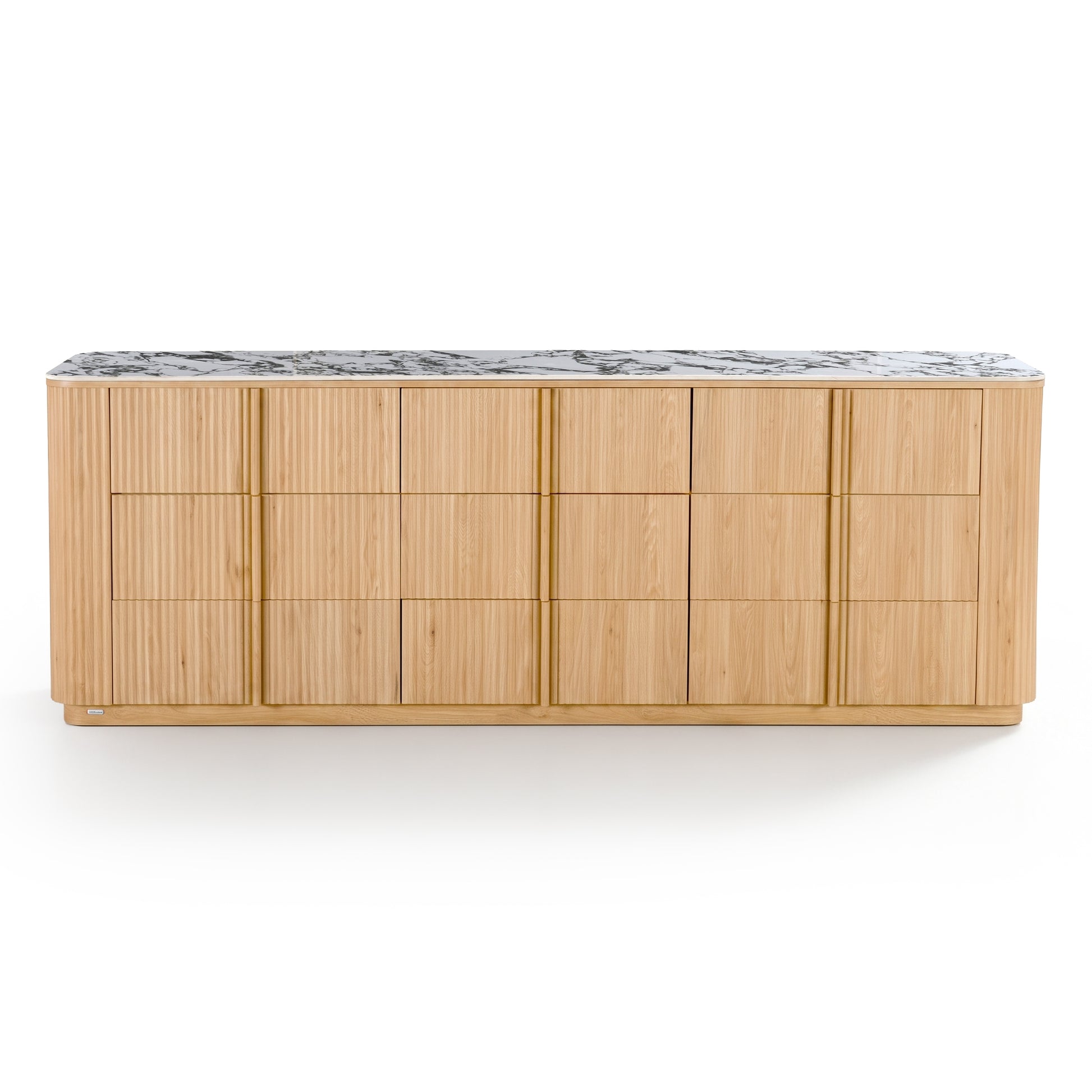 Light oak sideboard with sintered stone marble-look top, rounded edges, and vertical groove detailing on cabinet doors