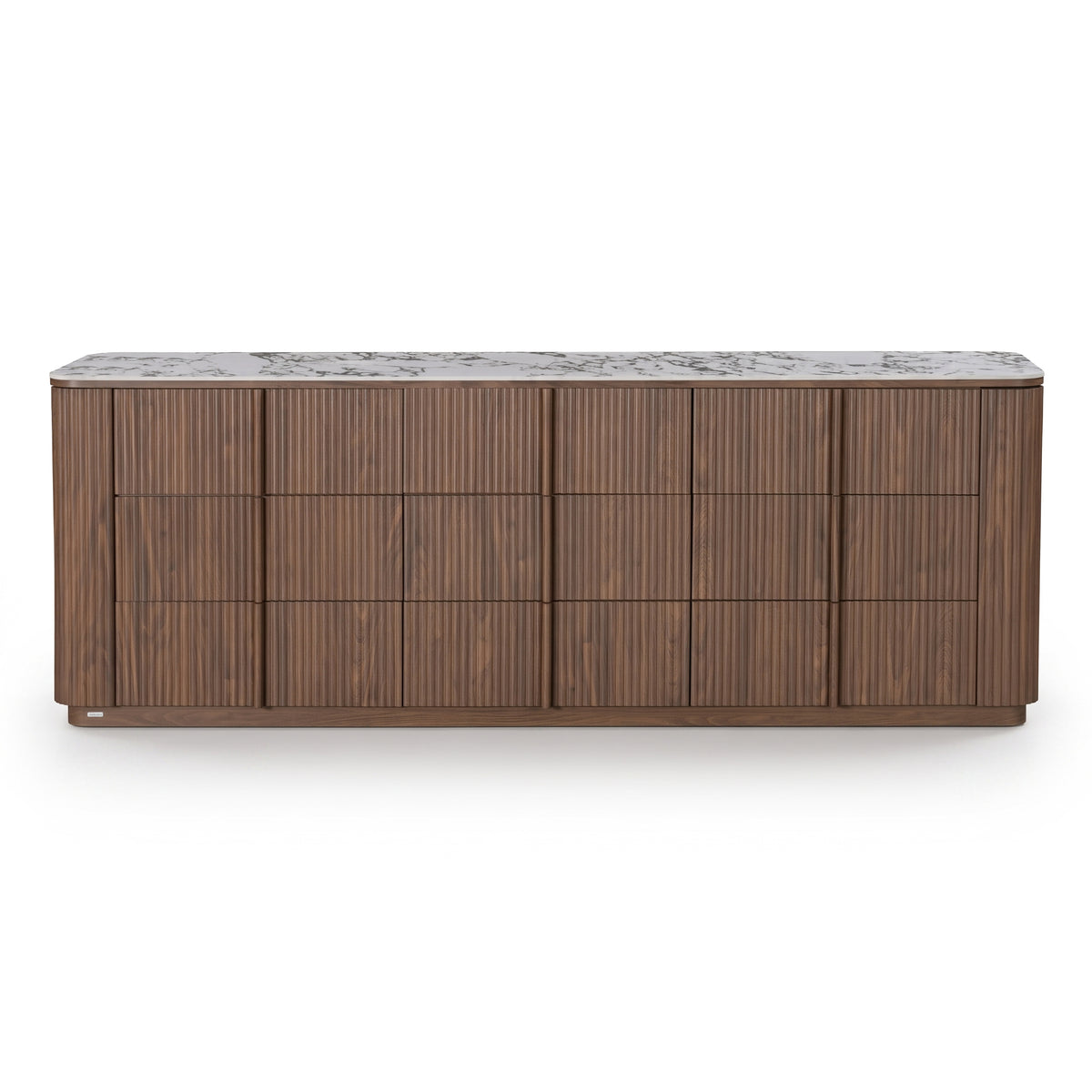 Full sideboard with fluted wood front and marble top on a white background