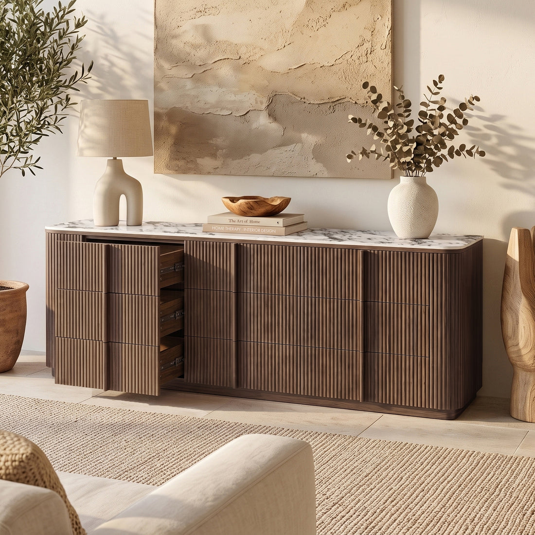 Viola 227cm sintered stone top buffet with walnut fluted front, open drawers showing interior storage