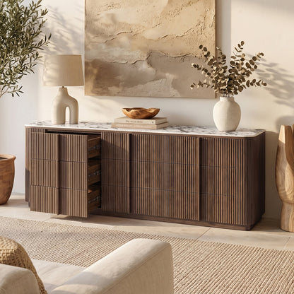 Viola 227cm sintered stone top buffet with walnut fluted front, open drawers showing interior storage