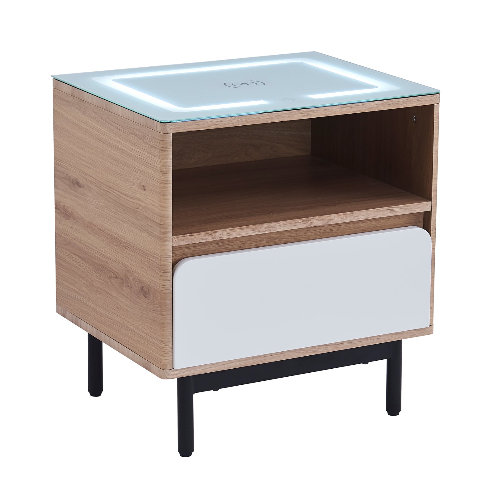 Zayn Smart Bedside Table with Wireless Charger showcased with a glass top and black rectangular design, highlighting its modern aesthetic and functional storage for a sleek bedroom upgrade.