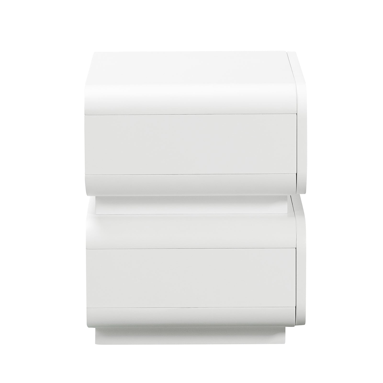 Zimerman 50cm 2-Drawer Bedside Table in White with a minimalist design, featuring handle-less drawers and a smooth finish, offering functional storage and modern elegance for bedroom spaces.