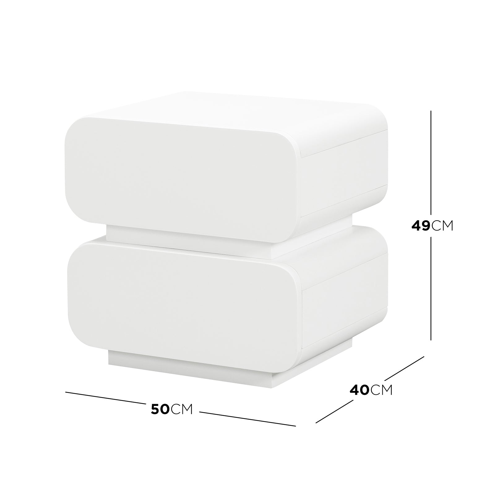 Zimerman 50cm 2-Drawer Bedside Table in White, featuring a minimalist design with two stacked, rounded-corner boxes and hidden drawers. Dimensions: 50cm wide, 40cm deep, 49cm tall. Ideal for modern bedrooms.