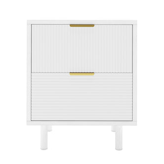 Zuriel 45cm Bedside Table with Drawers, featuring a white finish, two tambour-style doors with brass handles, and four short round legs, offering a sleek and modern storage solution.