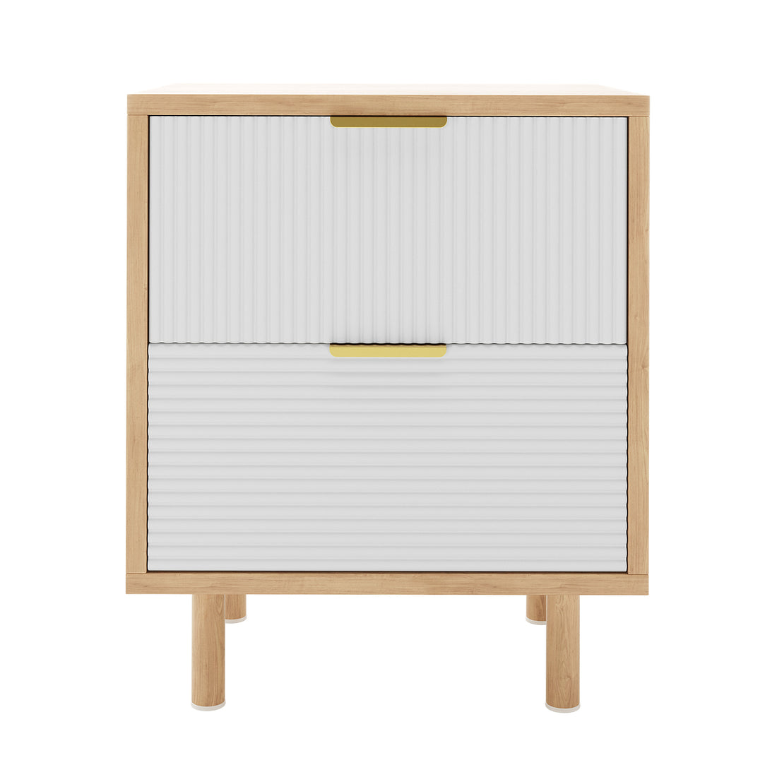 Zuriel 45cm Bedside Table with Drawers featuring a close-up of engineered wood surface and white blinds with a gold clip, highlighting sleek design and practical storage.