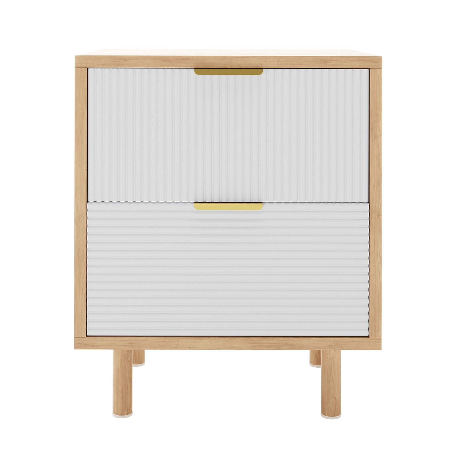 Zuriel 45cm Bedside Table with Drawers featuring a close-up of engineered wood surface and white blinds with a gold clip, highlighting sleek design and practical storage.