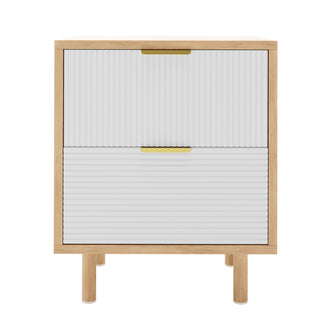 Zuriel 45cm Bedside Table with Drawers featuring a close-up of engineered wood surface and white blinds with a gold clip, highlighting sleek design and practical storage.