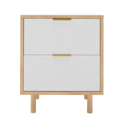 Zuriel 45cm Bedside Table with Drawers featuring a close-up of engineered wood surface and white blinds with a gold clip, highlighting sleek design and practical storage.