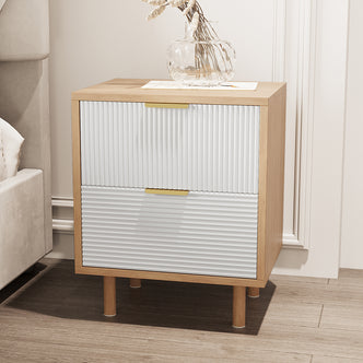 Close-up of the Zuriel 45cm Bedside Table with Drawers, showcasing its sleek design and stripe-look drawer faces, perfect for adding functional elegance to a bedroom setting.