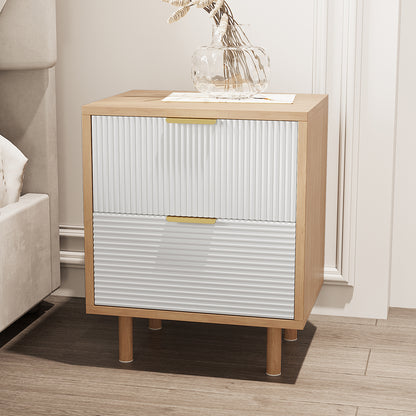 Close-up of the Zuriel 45cm Bedside Table with Drawers, showcasing its sleek design and stripe-look drawer faces, perfect for adding functional elegance to a bedroom setting.