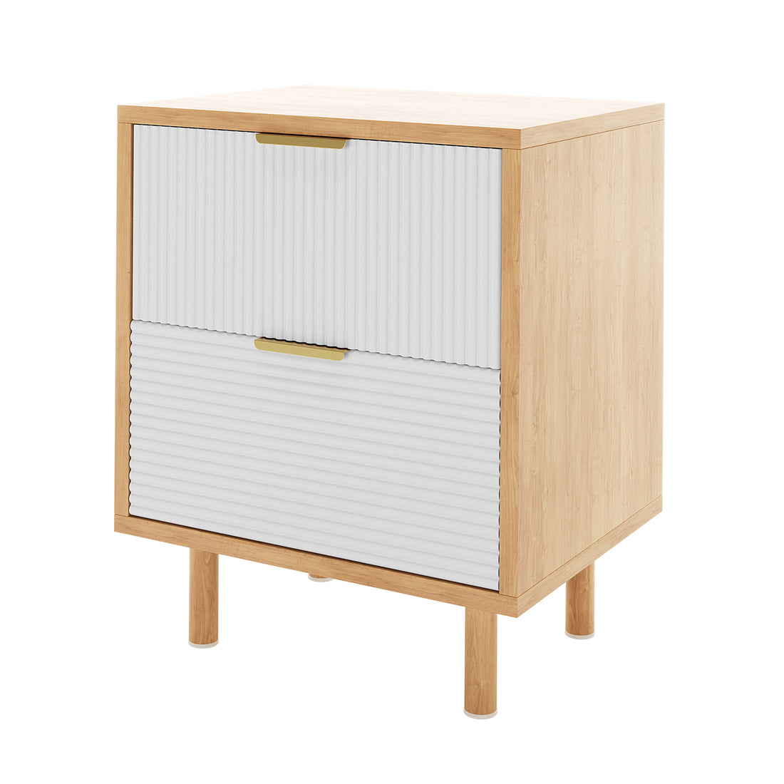 Zuriel 45cm Bedside Table with Drawers features a close-up of its sleek, engineered wood surface with two stripe-patterned drawer faces, showcasing its modern design and practical storage solution.