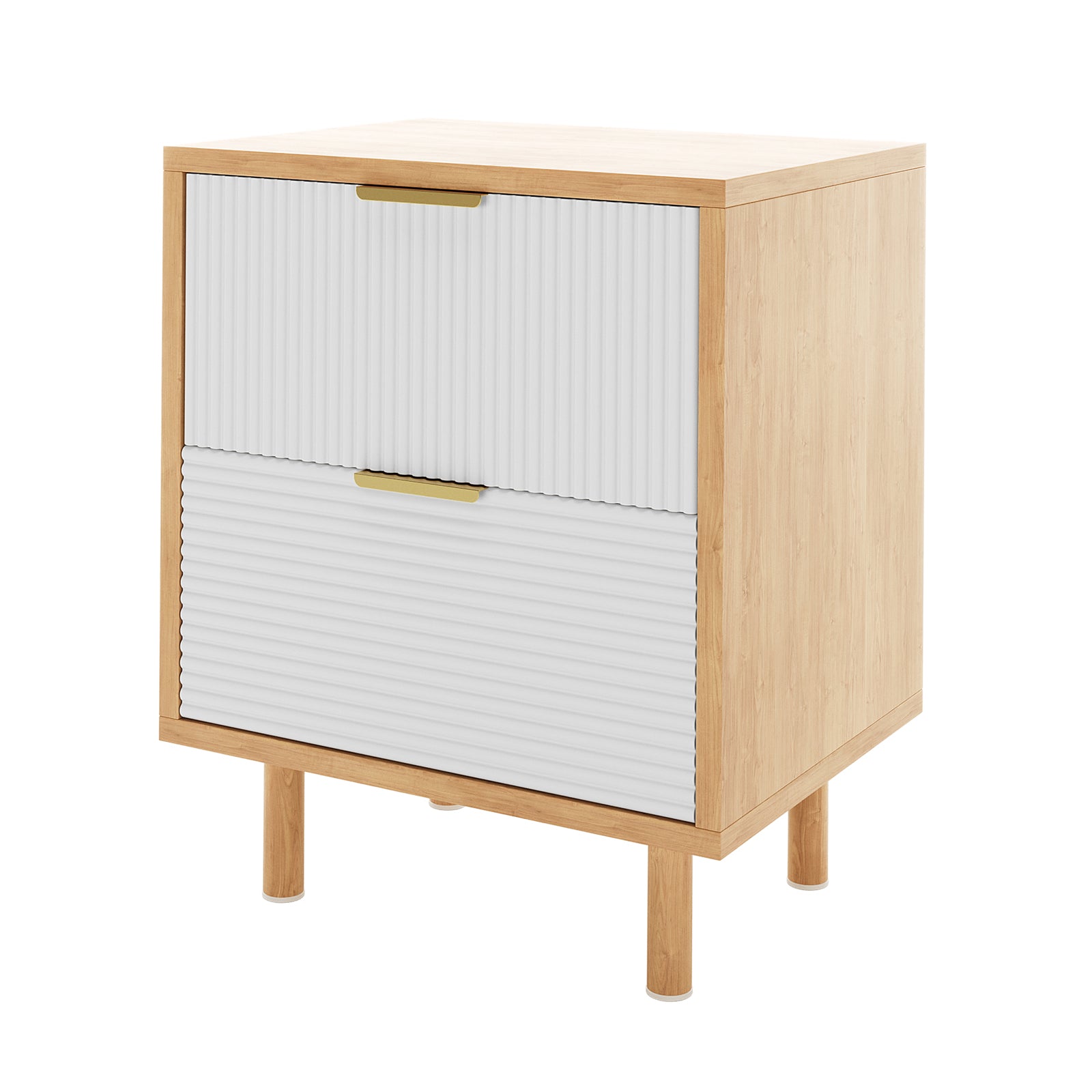 Zuriel 45cm Bedside Table with Drawers features a close-up of its sleek, engineered wood surface with two stripe-patterned drawer faces, showcasing its modern design and practical storage solution.