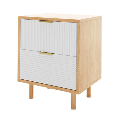 Zuriel 45cm Bedside Table with Drawers features a close-up of its sleek, engineered wood surface with two stripe-patterned drawer faces, showcasing its modern design and practical storage solution.