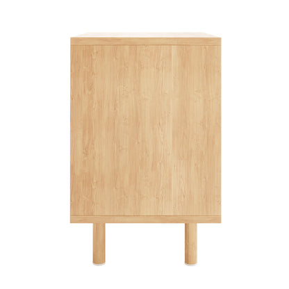 Close-up of the Zuriel 45cm Bedside Table with Drawers, showcasing its wooden surface and stripe-look drawer faces. The table stands on sturdy legs, highlighting its sleek design and craftsmanship.