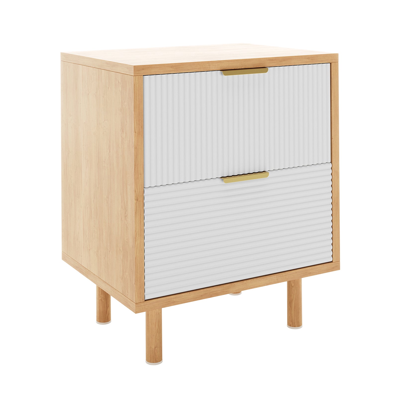 Zuriel 45cm Bedside Table with Drawers, featuring a white cabinet with a wooden top, showcasing two stripe-faced drawers and sturdy legs, ideal for modern bedrooms.