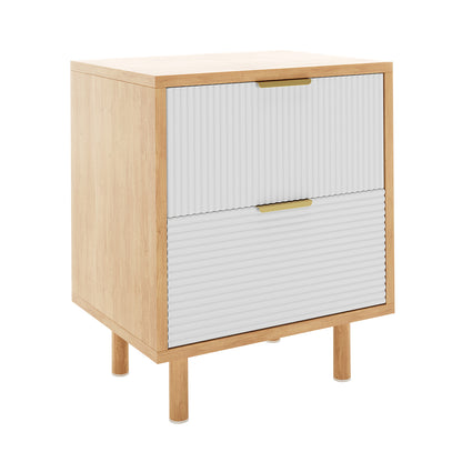 Zuriel 45cm Bedside Table with Drawers, featuring a white cabinet with a wooden top, showcasing two stripe-faced drawers and sturdy legs, ideal for modern bedrooms.