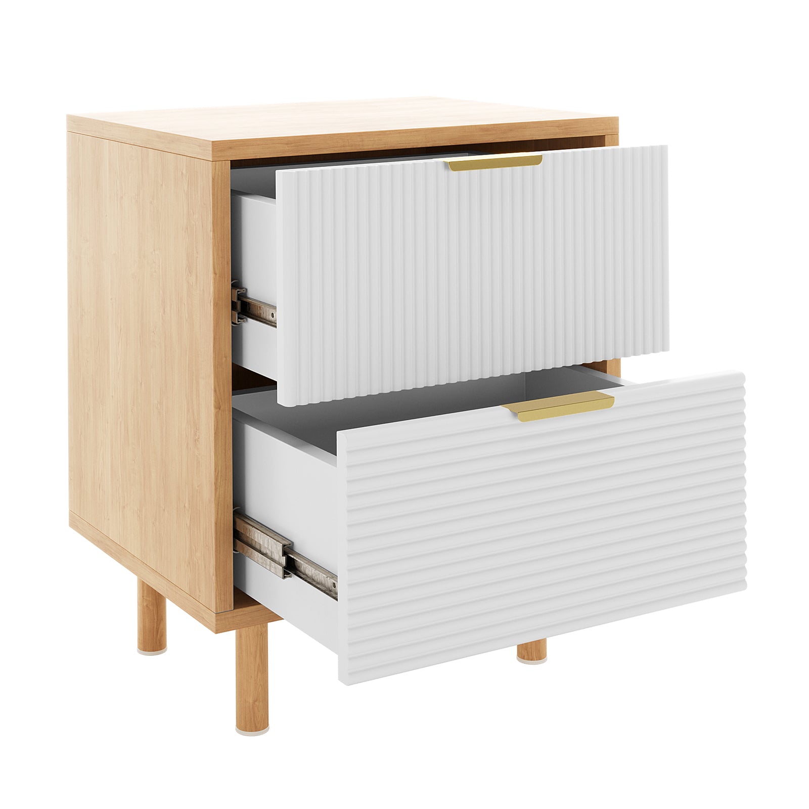 Zuriel 45cm Bedside Table with Drawers, featuring a close-up of its wood grain and modern stripe-look drawer faces, showcasing its sleek design and sturdy craftsmanship.