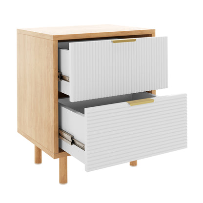 Zuriel 45cm Bedside Table with Drawers, featuring a close-up of its wood grain and modern stripe-look drawer faces, showcasing its sleek design and sturdy craftsmanship.