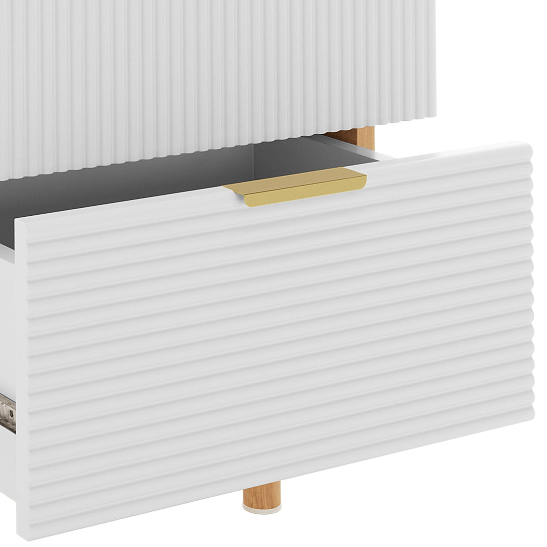 Zuriel 45cm Bedside Table with Drawers features a sleek rectangular design with two stripe-faced drawers, gold handles, and a smooth finish, embodying modern sophistication and practical functionality.