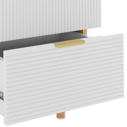 Zuriel 45cm Bedside Table with Drawers features a sleek rectangular design with two stripe-faced drawers, gold handles, and a smooth finish, embodying modern sophistication and practical functionality.