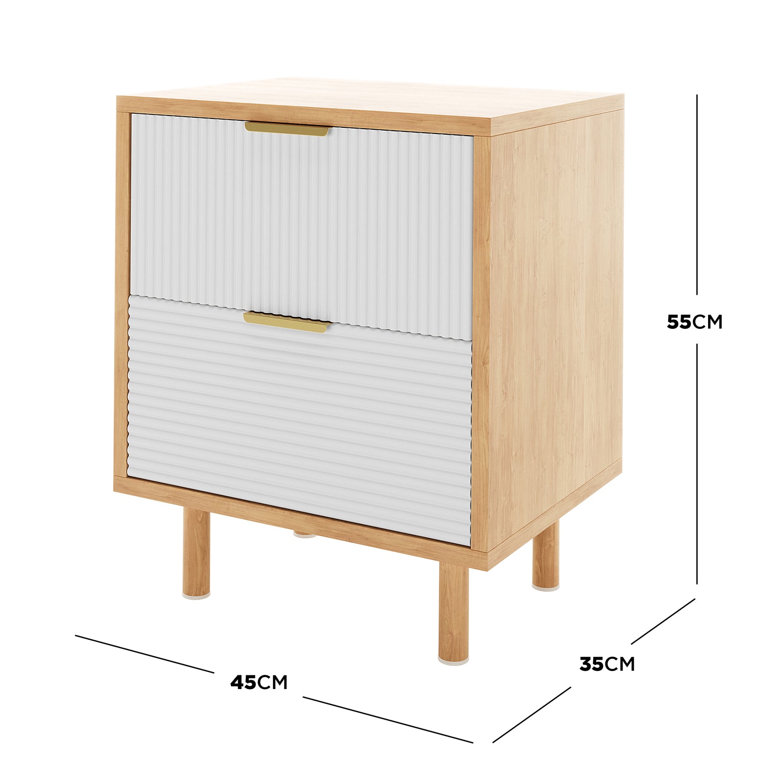 Zuriel 45cm Bedside Table with Drawers features a sleek white cabinet with gold handles, wooden accents, and two stripe-faced drawers, offering modern elegance and practical storage for your bedroom.