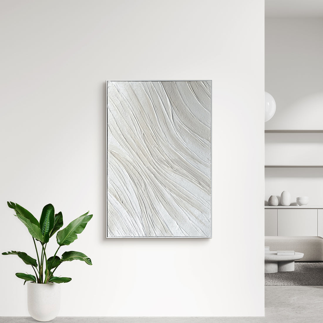 Anya Abstract Textured Wall Art displayed in a contemporary living space, demonstrating how its flowing patterns and depth enhance a modern interior design.