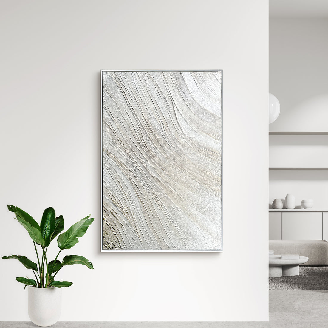 Anya Abstract Textured Wall Art displayed in a contemporary living space, demonstrating how its flowing patterns and depth enhance a modern interior design.