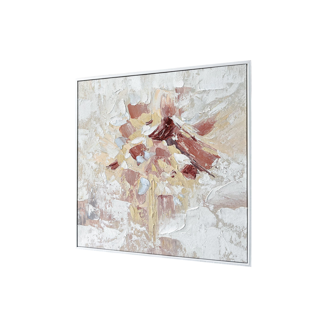Bloom Abstract Textured Framed Canvas Wall Art from an angled perspective, highlighting its distinctive 3D texture and hand-painted details, adding depth and artistic flair to any wall.