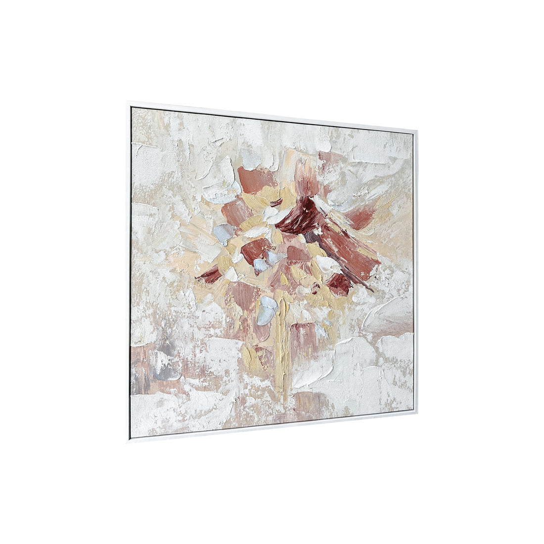 Bloom Abstract Textured Framed Canvas Wall Art from an angled perspective, highlighting its distinctive 3D texture and hand-painted details, adding depth and artistic flair to any wall.