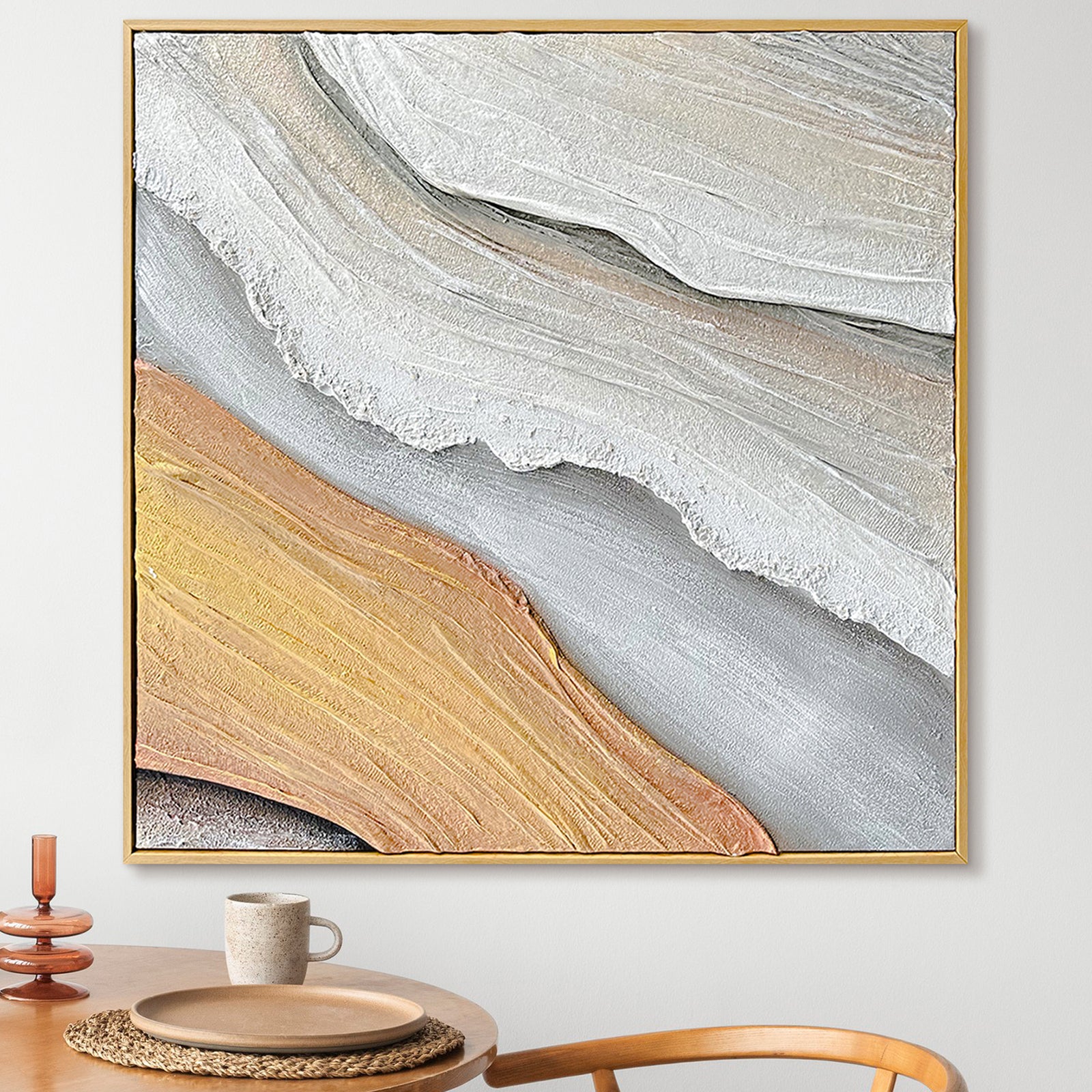 Flora Abstract Textured Canvas Hanging Wall Art displayed in a contemporary living space, enhancing the decor with its textured layers and natural hues, perfect for a gallery wall or bedroom.