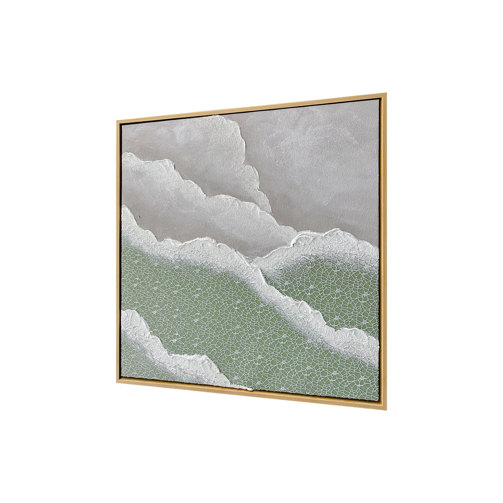 Left Angled view of Nolan Modern Framed Textured Canvas, emphasizing the depth created by its 3D texture, the sleek polystyrene outer frame, and sturdy pine inner frame.