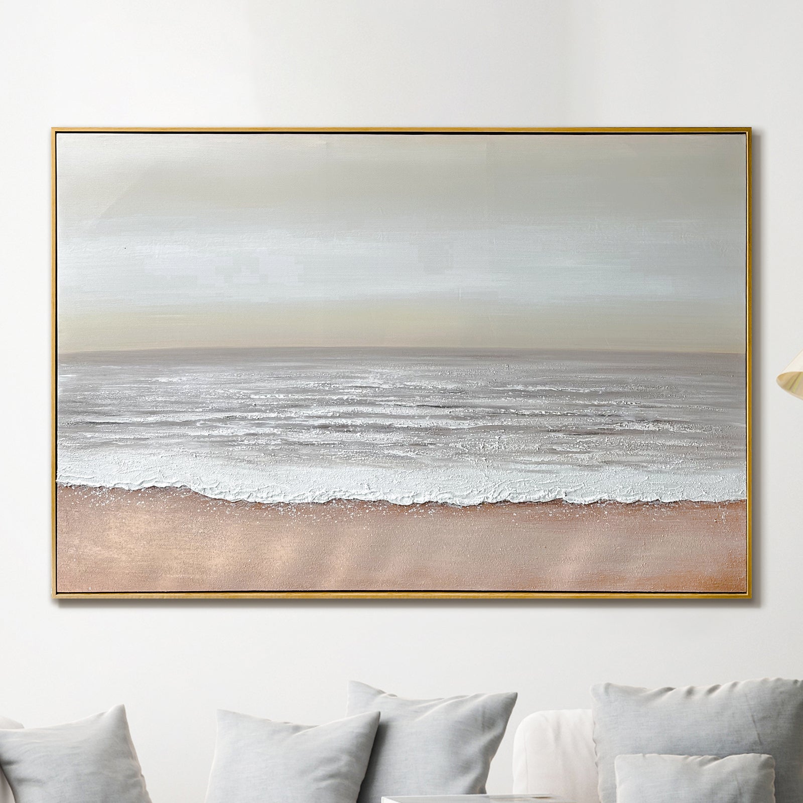 Sable Textured Coastal Canvas Wall Art displayed in a modern living room, showcasing its serene coastal aesthetic and how it enhances a beach-inspired or minimalist interior.