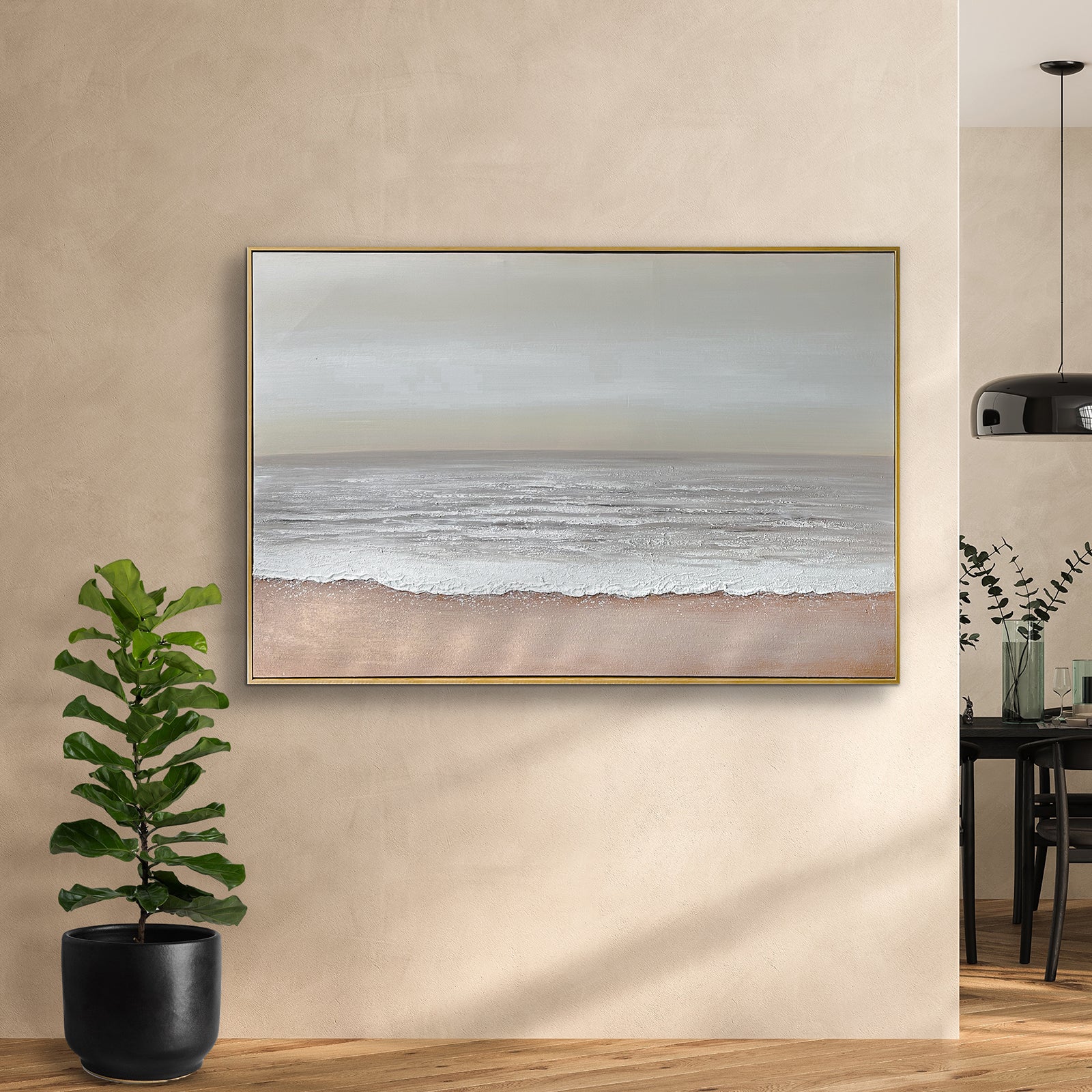 Sable Textured Coastal Canvas Wall Art displayed in a modern living room, showcasing its serene coastal aesthetic and how it enhances a beach-inspired or minimalist interior.