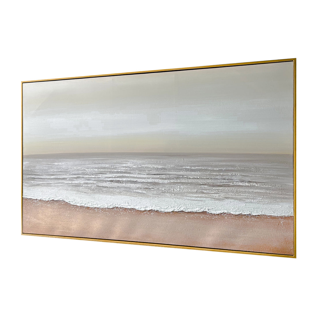Left Angled view of Sable Textured Coastal Canvas, emphasizing the depth created by its 3D painting, the lightweight polystyrene outer frame, and sturdy pine inner frame.