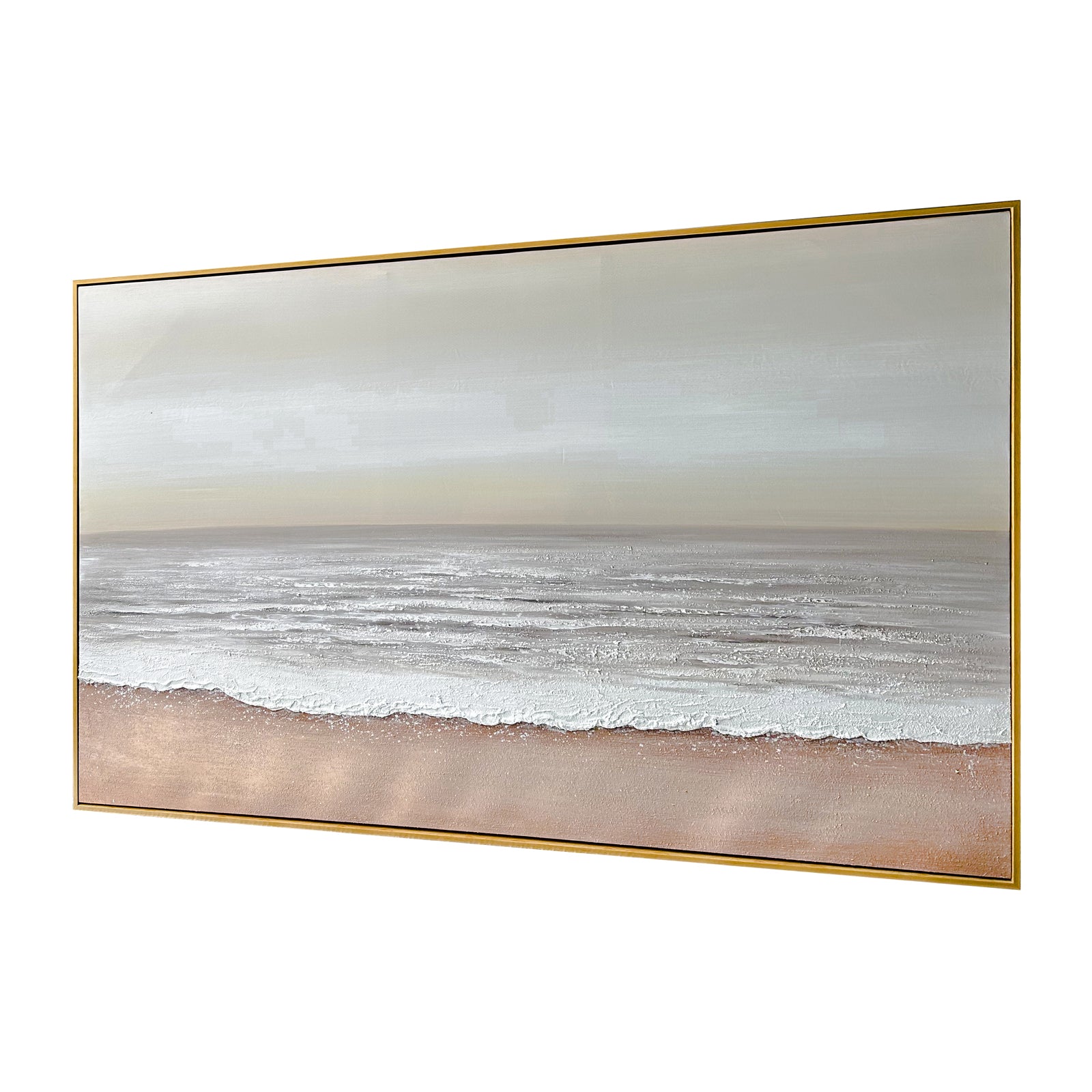 Left Angled view of Sable Textured Coastal Canvas, emphasizing the depth created by its 3D painting, the lightweight polystyrene outer frame, and sturdy pine inner frame.