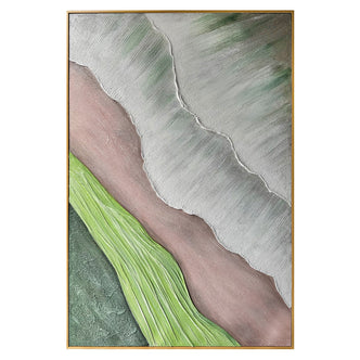 Sweeney Modern Framed Textured Canvas Wall Art, front view, showcasing earthy tones, organic shapes, and a 3D texture with soft greens, muted browns, and shades of grey, perfect for contemporary or mid-century decor.