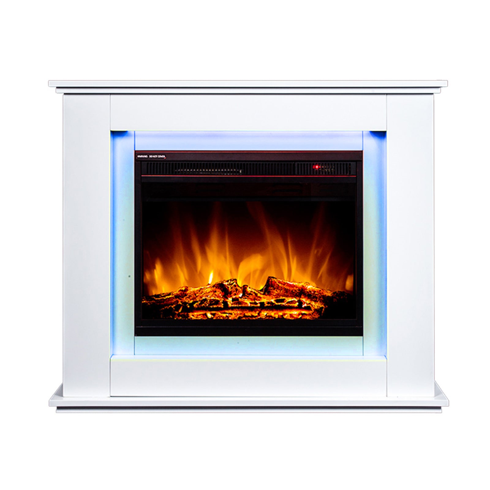 Close-up of the Luxo Anala 1500W Electric Fireplace Mantel & Heater showcasing a realistic flame effect within a traditional mantel, highlighting its classic design and cozy ambiance.