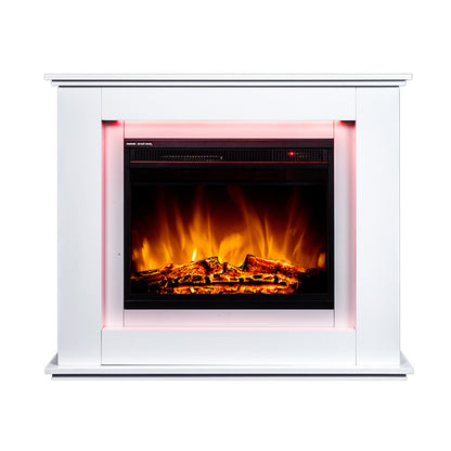 Luxo Anala 1500W Electric Fireplace Mantel & Heater White features a detailed close-up of realistic flames within a classic-style mantel, emphasizing its traditional design and inviting warmth.