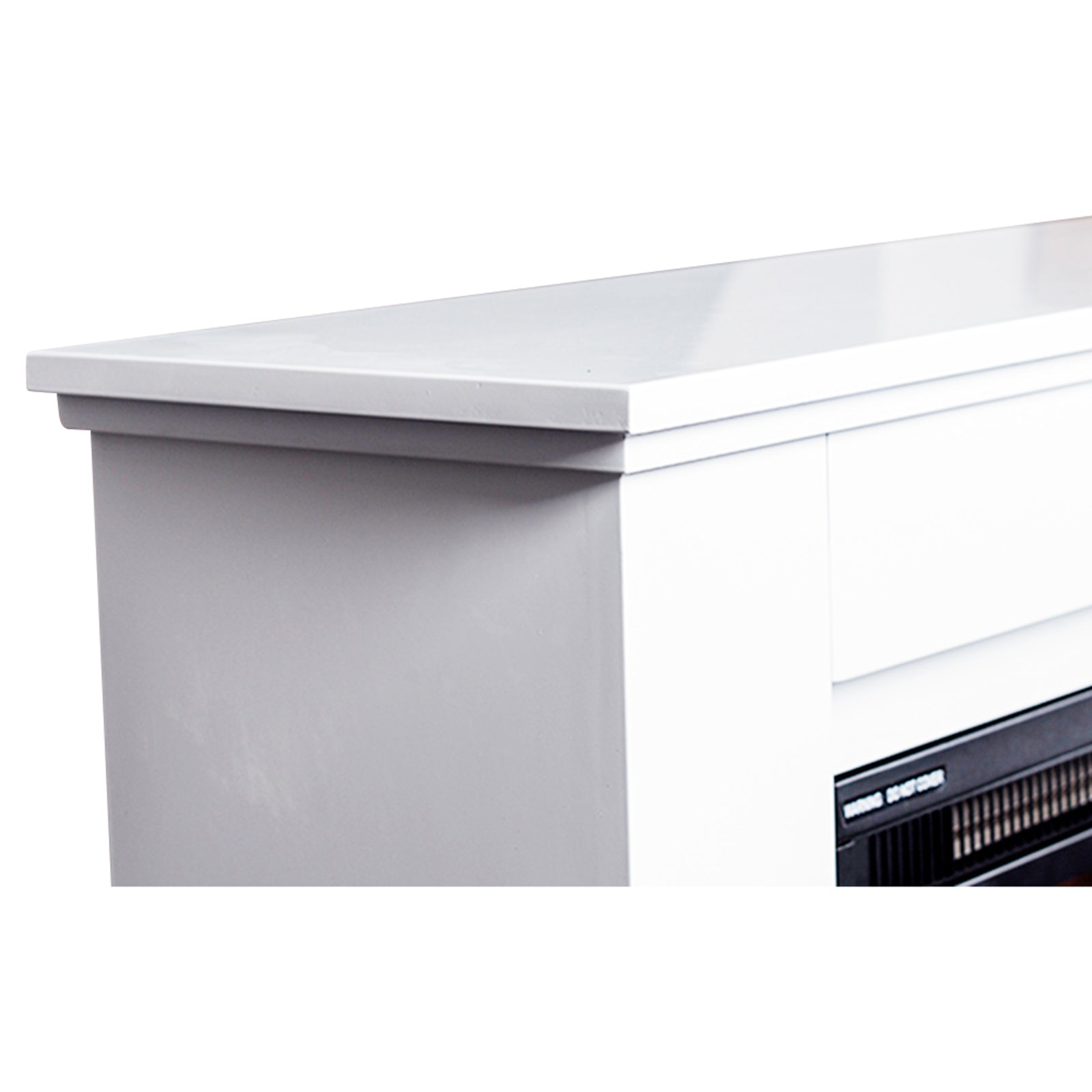 Luxo Anala 1500W Electric Fireplace Mantel & Heater White showcasing a classic-style mantel with intricate detailing, featuring realistic LED flames and a log set, designed for cosy home environments.